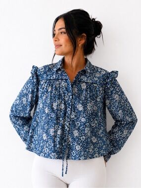 Free People Blue Floral Button Front Ruffle Cotton Blouse